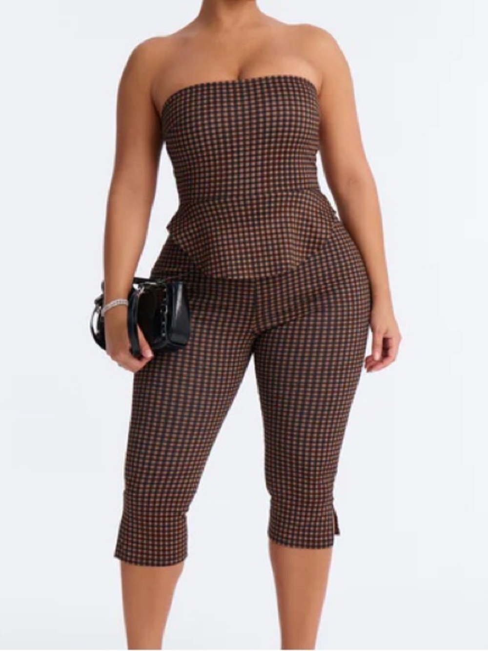 NEW Strapless Brown Check Peplum Backless Jumpsuit